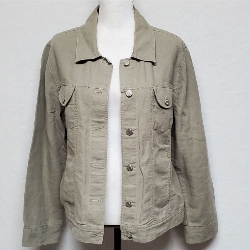 J. Jill Green Linen Cotton Button Front Western Style Denim Jacket